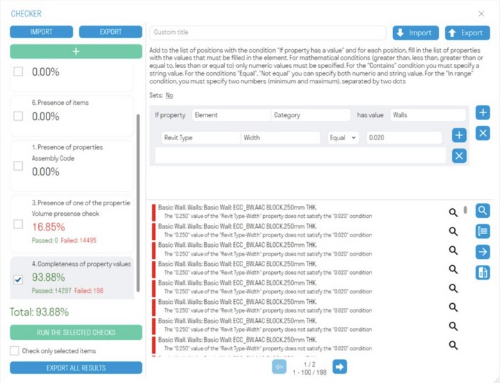 Check if "Width" has a certain value for elements with "Walls" Category