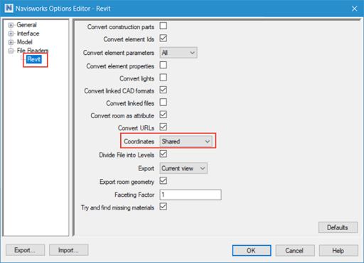 Selecting Shared coordinate in Navisworks